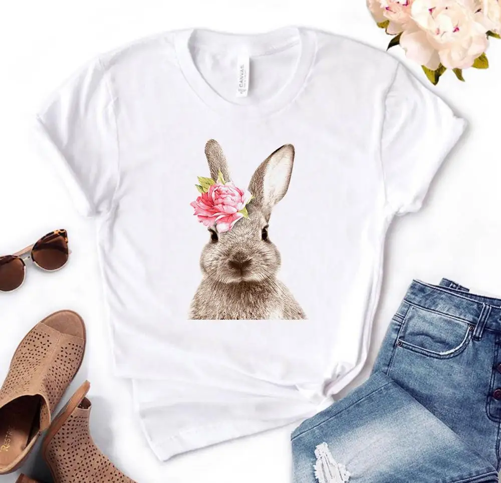 

rabbit flower Print Women tshirt Cotton Casual Funny t shirt Gift For Lady Yong Girl Top Tee PM-84