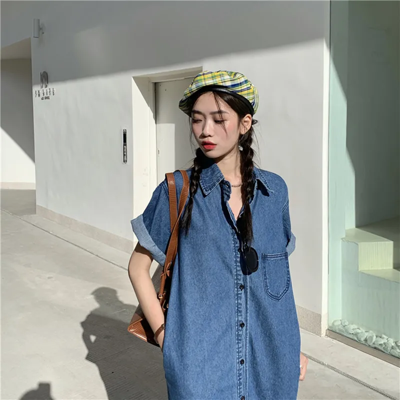 

New 2021 Women Denim Dresses Summer Casual Vintage Single Breasted Turn-down Collar Pockets Loose Long Dress