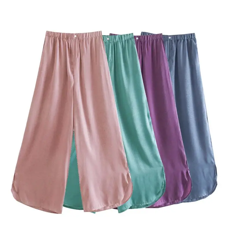 

2021 New Women Fashion Soft Touch Wide Leg Pants Vintage High Elastic Waist Side Vents Female Trousers Streetwear