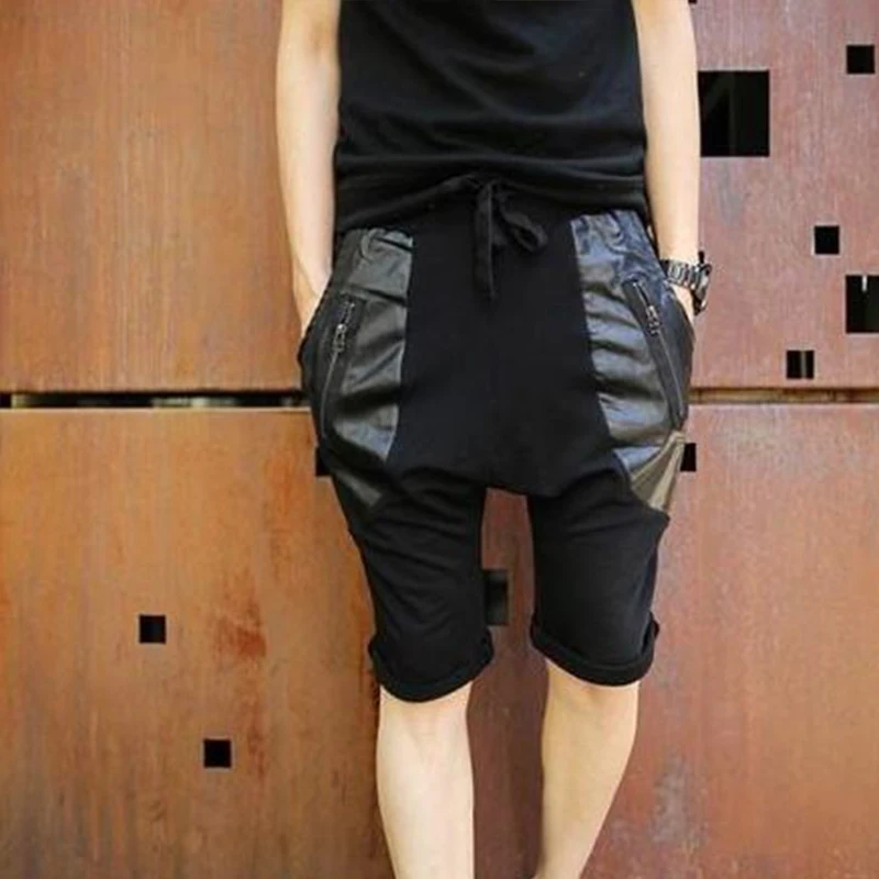 Summer men's leather black lace-up harem pants men's big crotch pants Korean tide men's large size 5 points pants