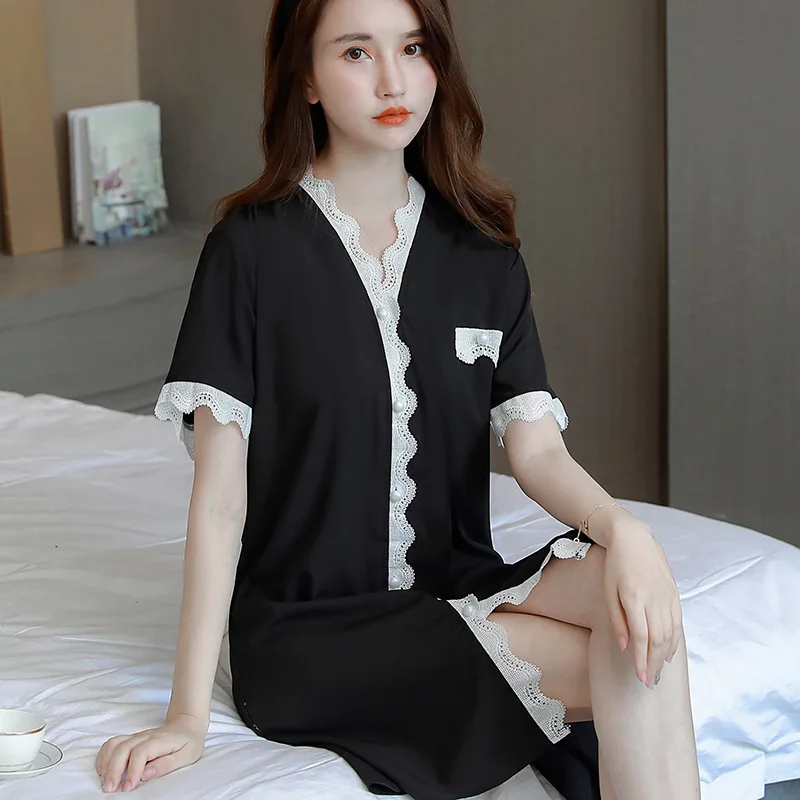 

Camisones De Mujer Sexy Summer Chiffon Chemise Nuit Femme Simple Sweet Pijama Verano Mujer Lace Stitch Nightdress Women Homewear