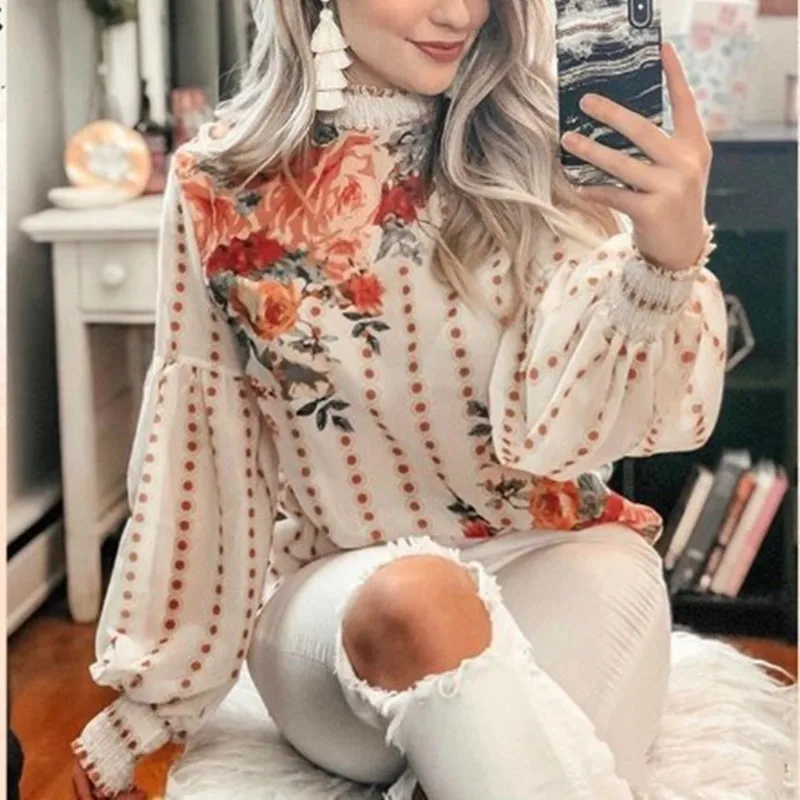 

Vintage Floral Print Cream Blouse Women Long Sleeve O-neck Chic Blouse Shirt 2022 New Chiffon Boho Blouses Shirts