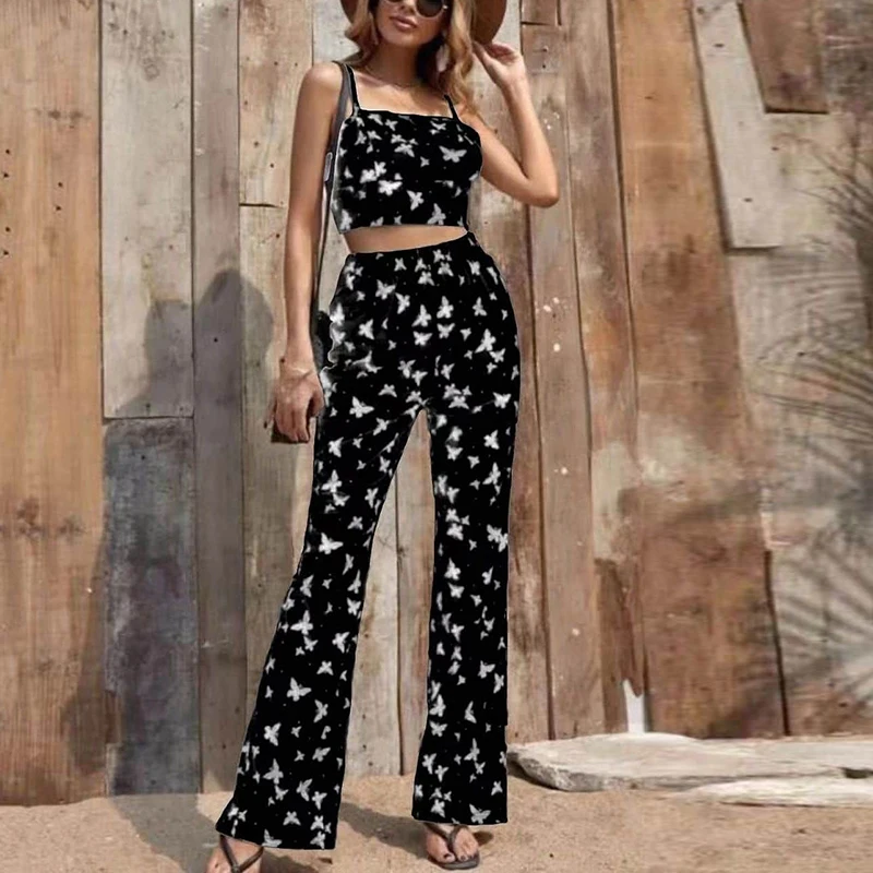 

Retro Butterfly Print Fashion Street Suits Elegant Sling Slim Sleeveless Tops + Wide Leg Long Pants Suits Sexy Women 2 Piece Set