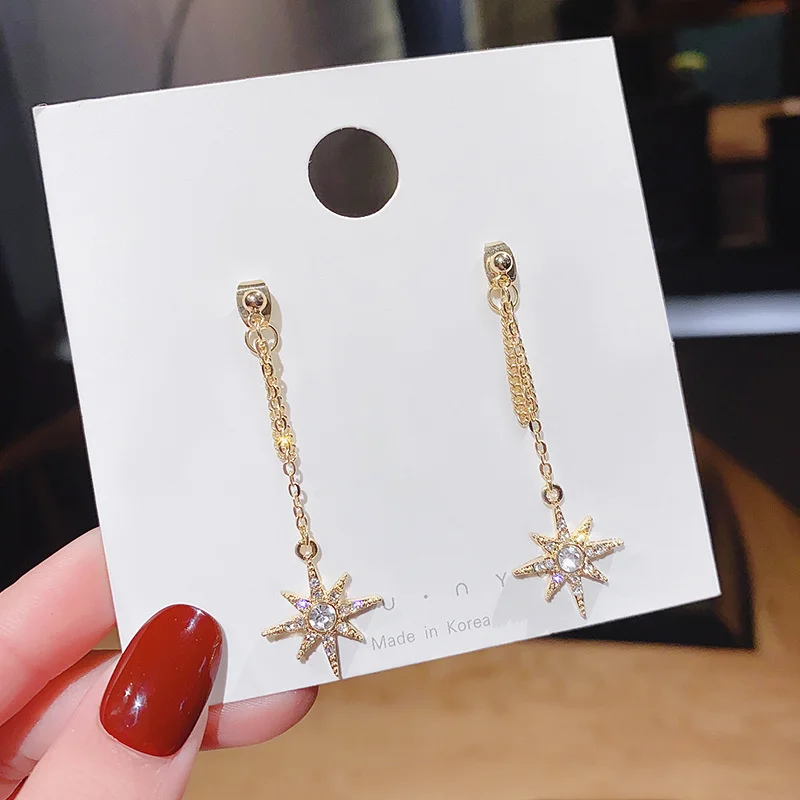 

925 silver needle six Star Earrings advanced sense long women's versatile temperament Earrings simple Korean indifference
