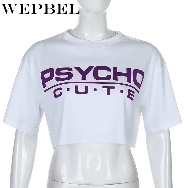 

WEPBEL Women Summer Loose Crop Top Short Sleeve O Neck Letter Print Shirt