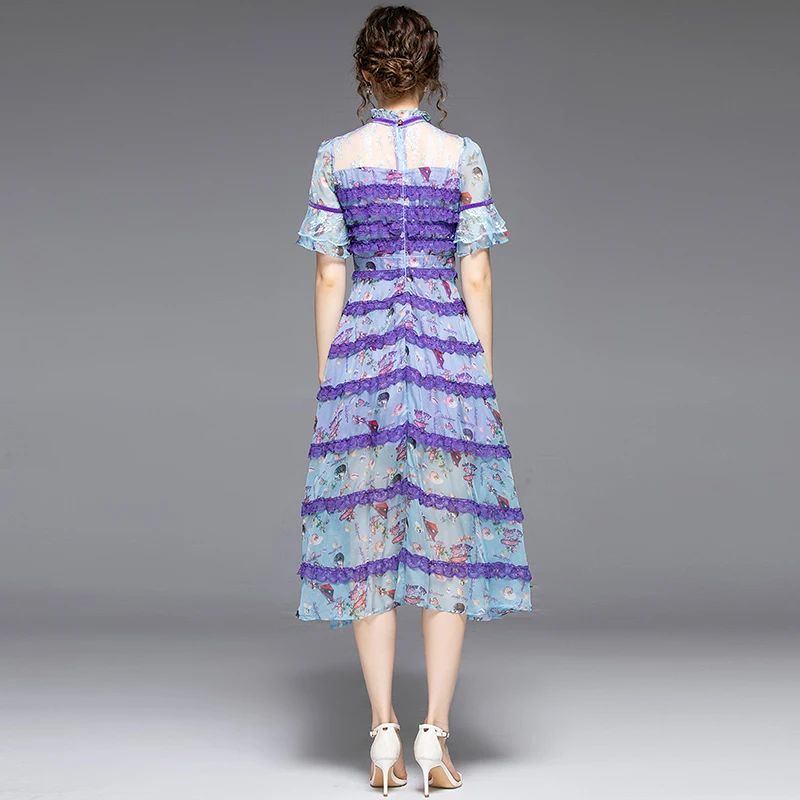 

Runway Dresses 2020 Women Quality layer cake mesh chiffon dress Vintage Print Floor Length Party Dress Vestidos Robe Femme