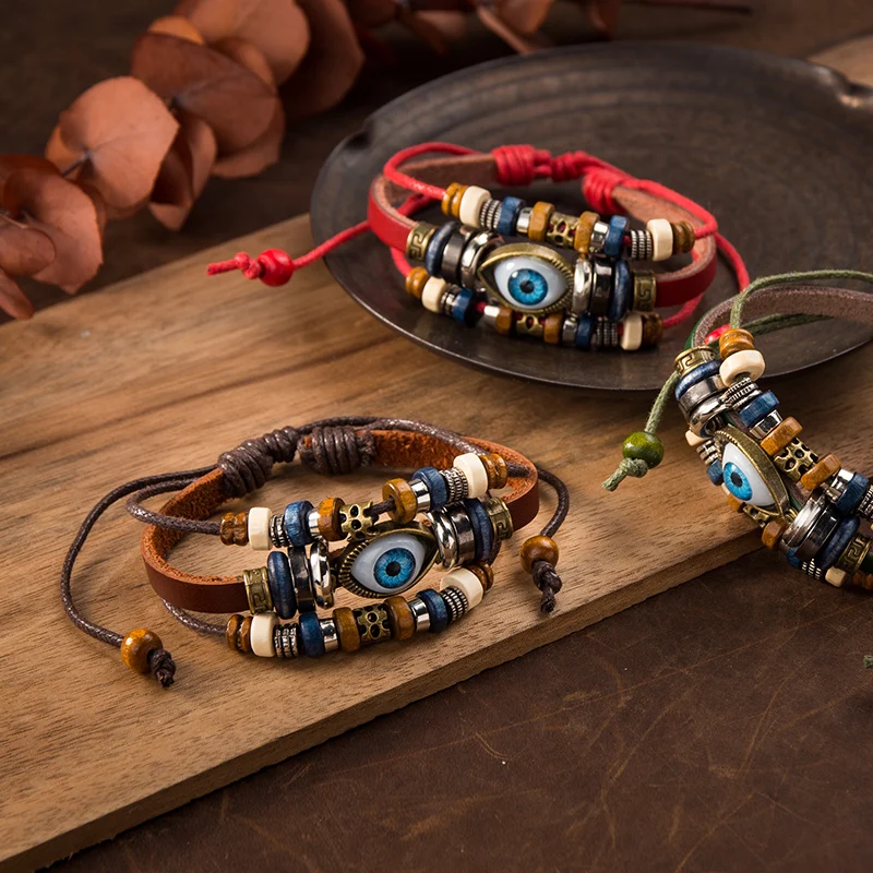 

Handmade Retro Beads Medusa Eyes Bracelet For Women Girls Birthday Gifts Charm Tassel Fashion Adjustable Leather Couple Bangles