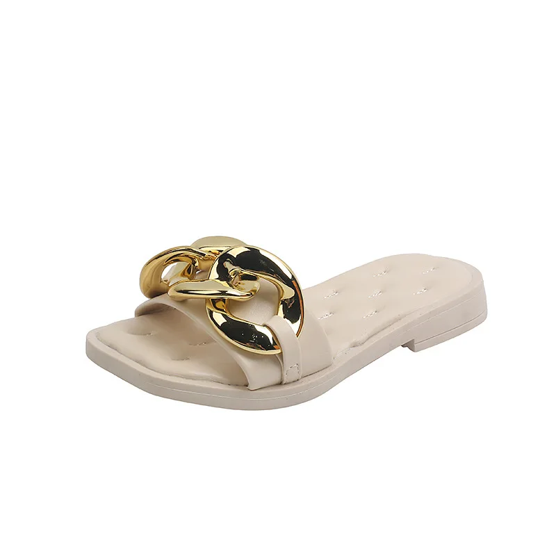 

2021 Summer Shoes Girls Slippers Chain Kids Slides Metal Flat Slipper Indoor Footwear Children's Household Slipper Black White