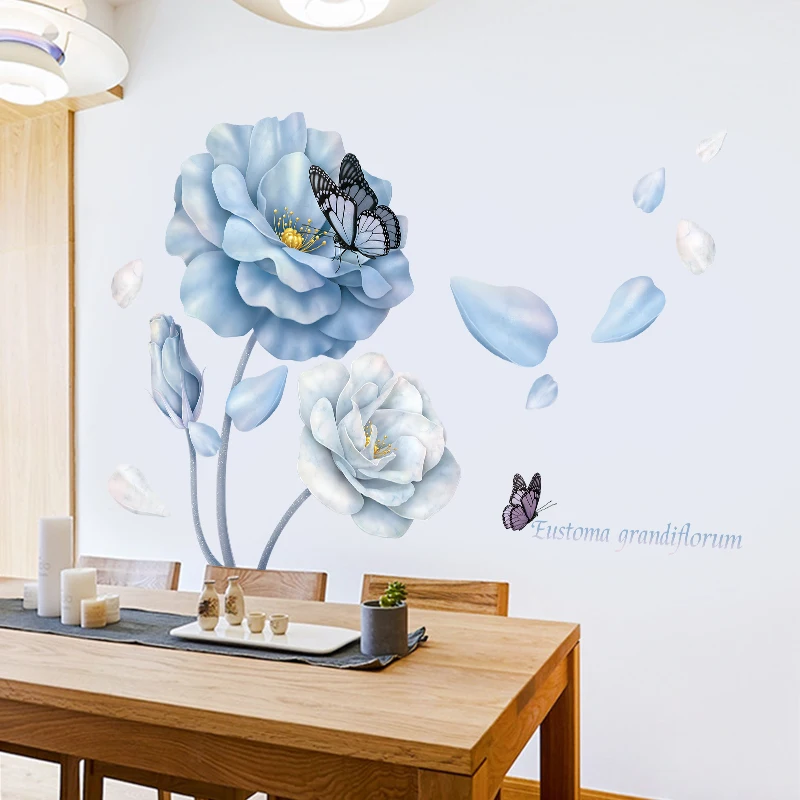126*86cm Large Blue Flower Wall Stickers for Living room Bedroom Sofa Background Butterfly Vinyl Decal Eco-friendly Mural | Дом и сад