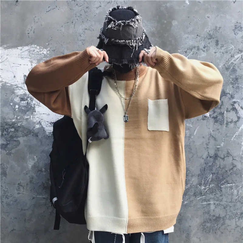 Winter Turtleneck Sweater Men's Warm Fashion Contrast Casual Knit Pullover Men Streetwear Hip Hop Knitting Sweaters Male Clothes