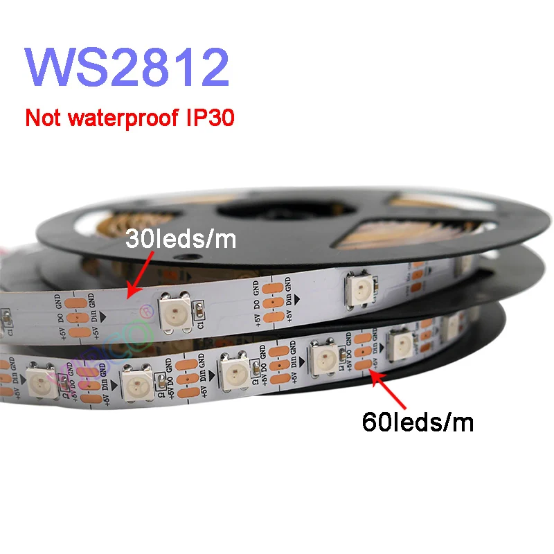 

Умная Светодиодная лента WS2812B, 5 м/лот; DC5V 30/60 пикселей/светодиодов/м; WS2812 IC;WS2812B/m, IP30/IP65/IP67, черный/белый PCB