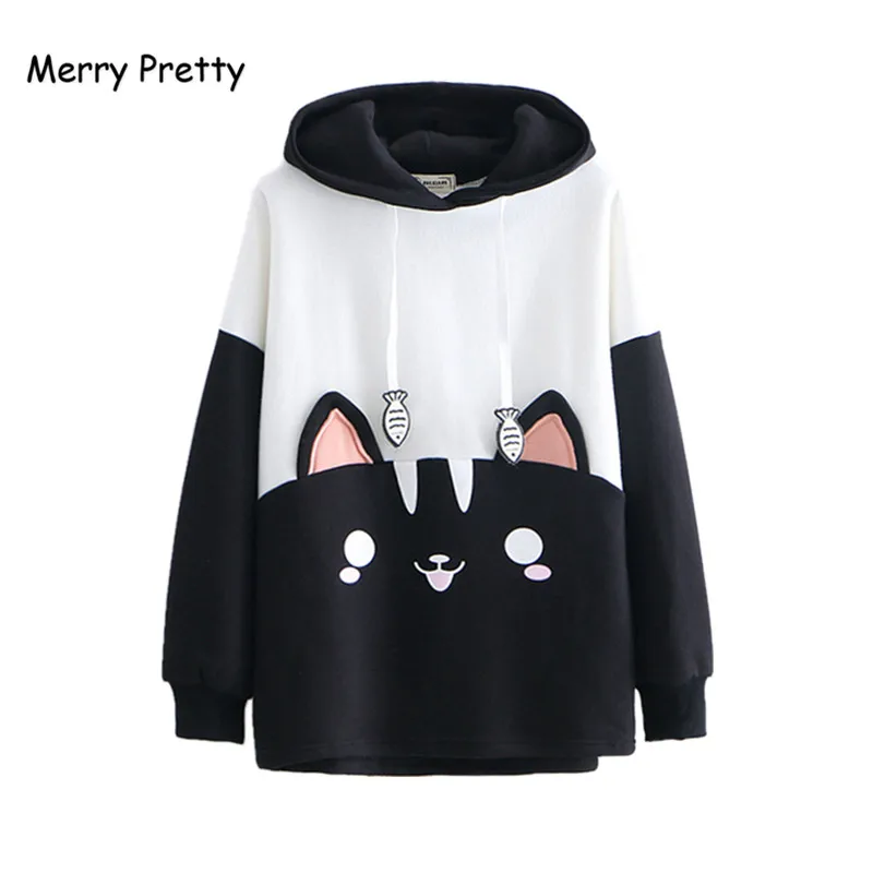 Женская толстовка с капюшоном Merry Pretty черная вышивкой из мультфильма длинным