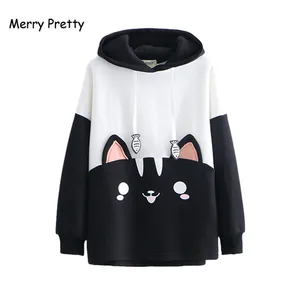 Женская толстовка с капюшоном Merry Pretty, черная толстовка с вышивкой из мультфильма, с длинным рукавом и круглым вырезом, утепленный бархатный пуловер, зима 2021