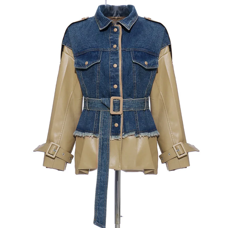 Winter Autumn Personality Stitching Washed Denim Beige Stitching Leather Jacket Windbreaker Slim Faux Leather Jacket