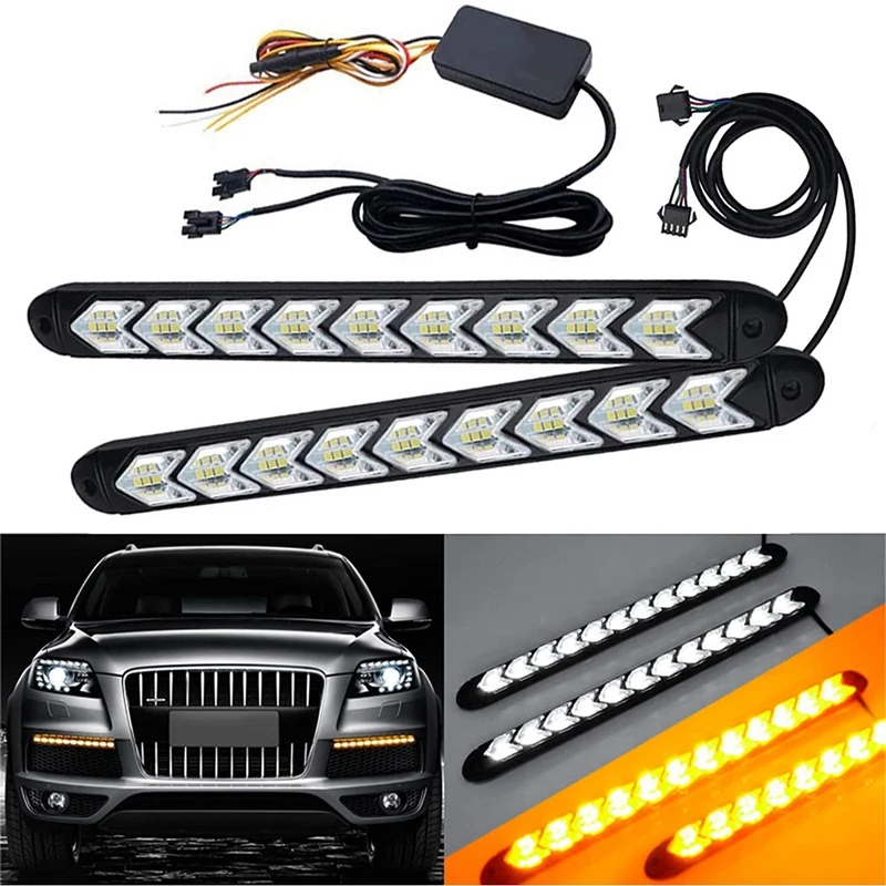 

2X LED DRL Switchback Strips 10in (25cm) 12V Sequential Flashing Turn Signal Lights Daytime Running Light Amber & White