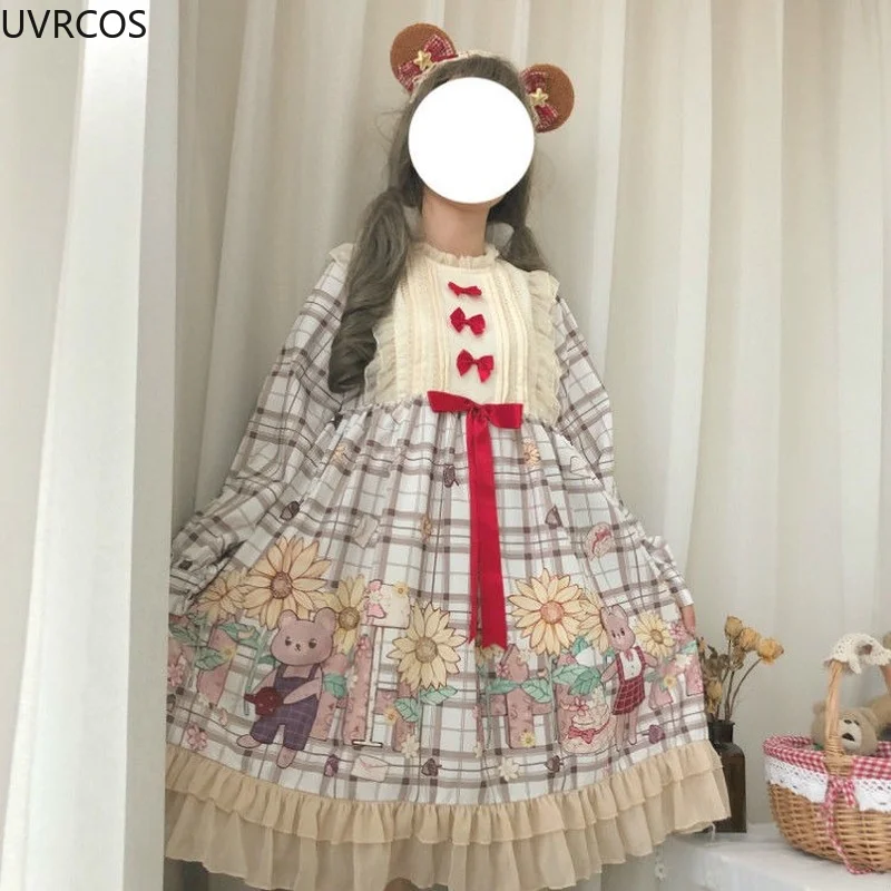 

Autumn Farmhouse Style Japanese Lolita Dress Women Kawaii Sunflower Bear Print Bow One Piece Long-sleeved Princess Dress Retro