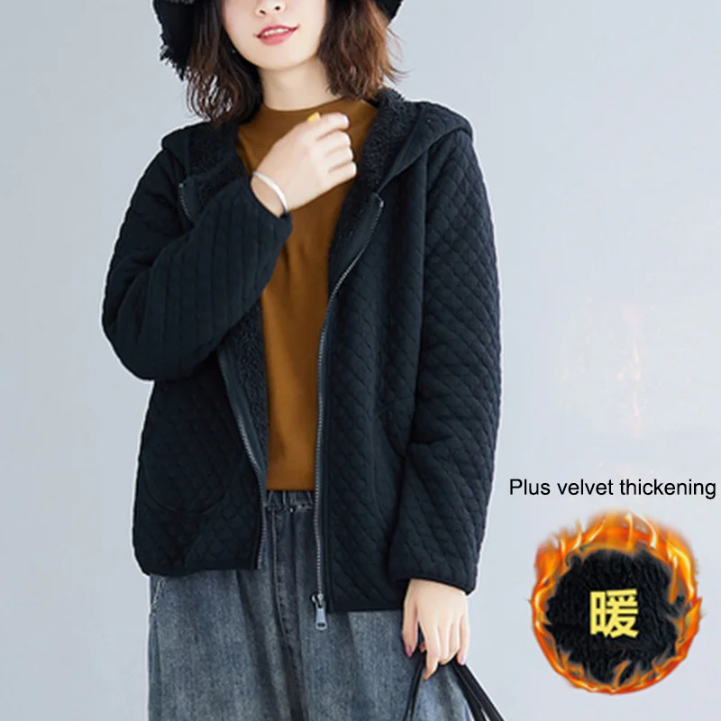 

Vintage Velvet Coat Plus Size Winter New Solid Hooded Jacket Warm Coats Women Long Sleeve Plus Velvet Loose Cotton Jacket Tops