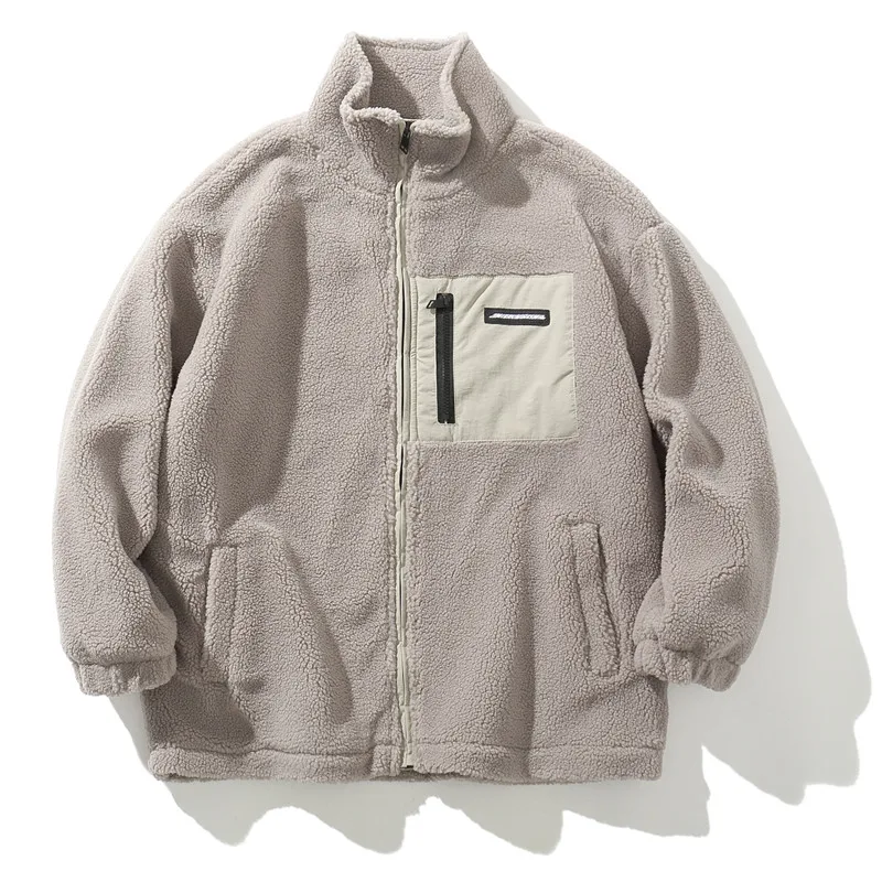

2021 Harajuku Streetwear Lambswool Jacket Solid Color Plush Padded Men Hip Hop Korean Winter Fashion Couple Oversized Warm Coat