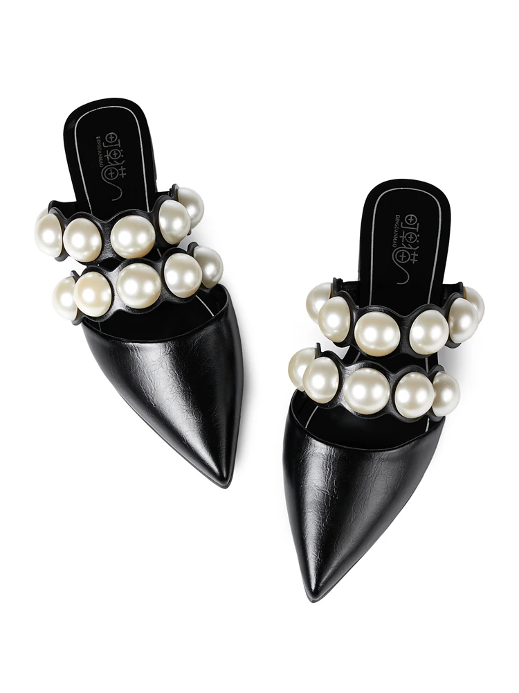 

famous designer big pearl slippers women pointed toe double band pearl rivets mules shoes woman summer slides flip flops