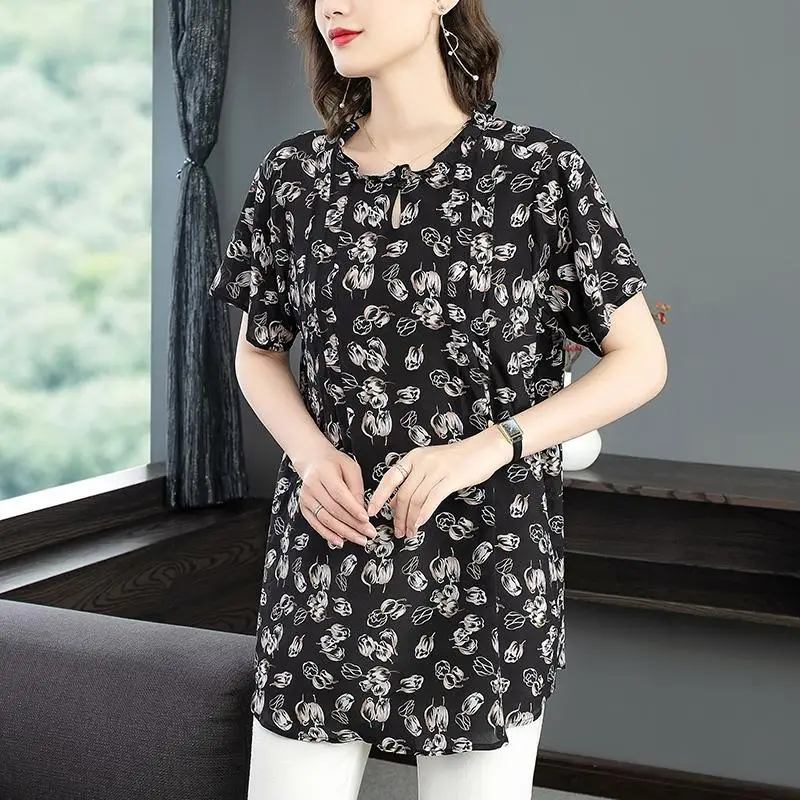 

Women's blouse mid-length 2021 summer short-sleeved fashion print retro western style large size loose blouse women