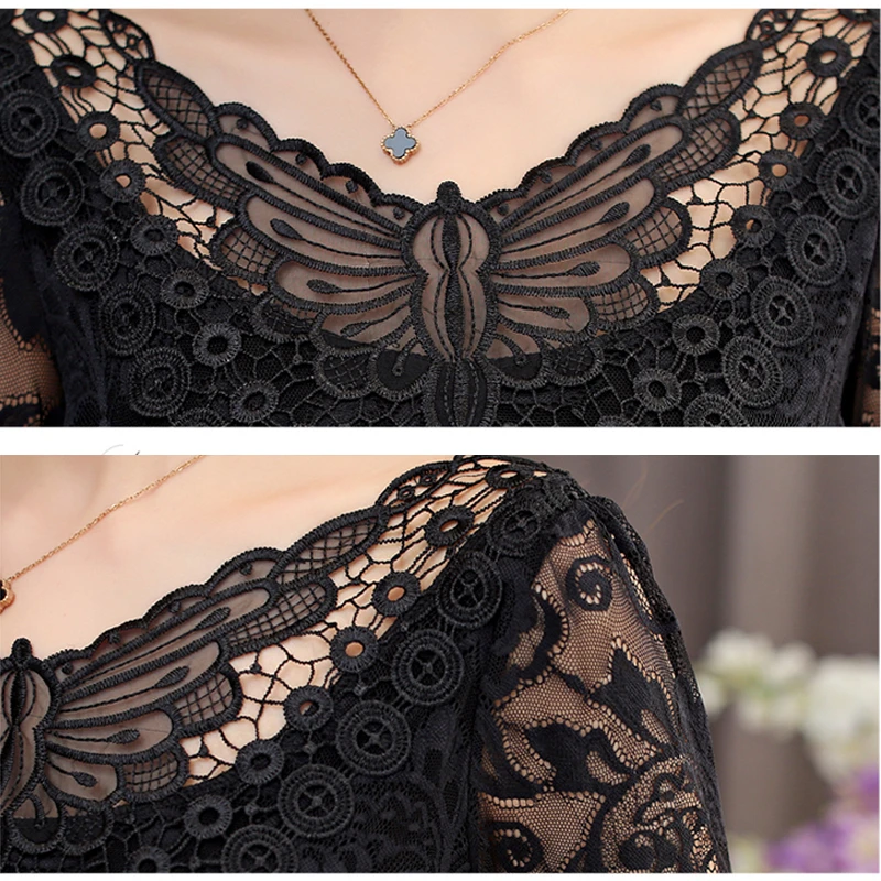 Женская кружевная блузка с V образным вырезом и длинным рукавом|black lace blouse|lace