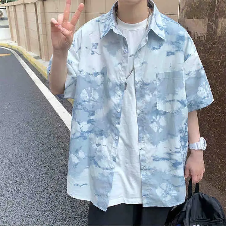Retro men shirts Summer Printing Loose Short-Sleeved Men's Shirt Top Oversized Harajuku Style Hawaii Tops Beach Shirt A1