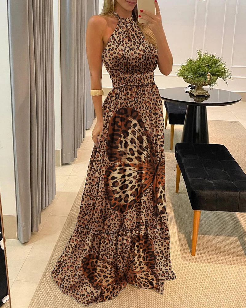 

Summer Ladies Butterflies Leopard Beach Dress Women Off Shoulder Halter Backless Long Dress High Waist Party Holiday Vestidos