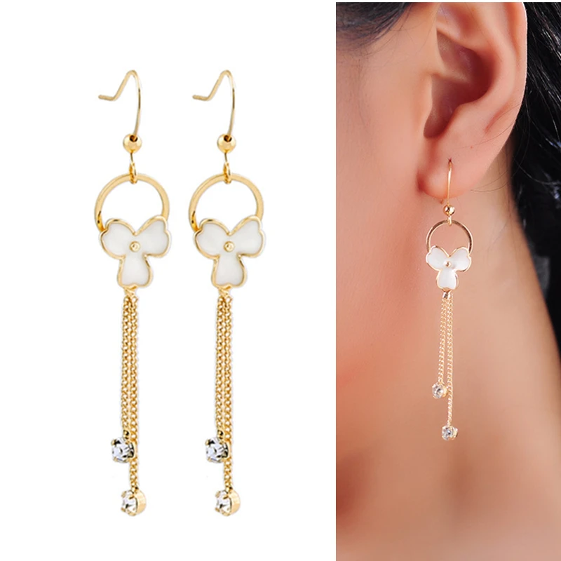 Длинные кисточки Висячие серьги для женщин элегантные белые эмалированные Цветы