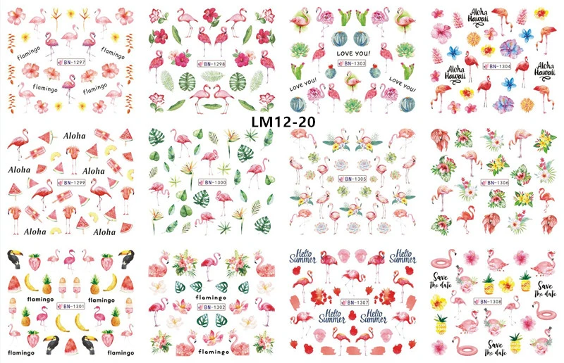 12 Designs Watermark Nail Art Decoration Water Decals Flower Flamingo Bird Rose Sticker Manicure Sliders Adhesive Tip BN913-924