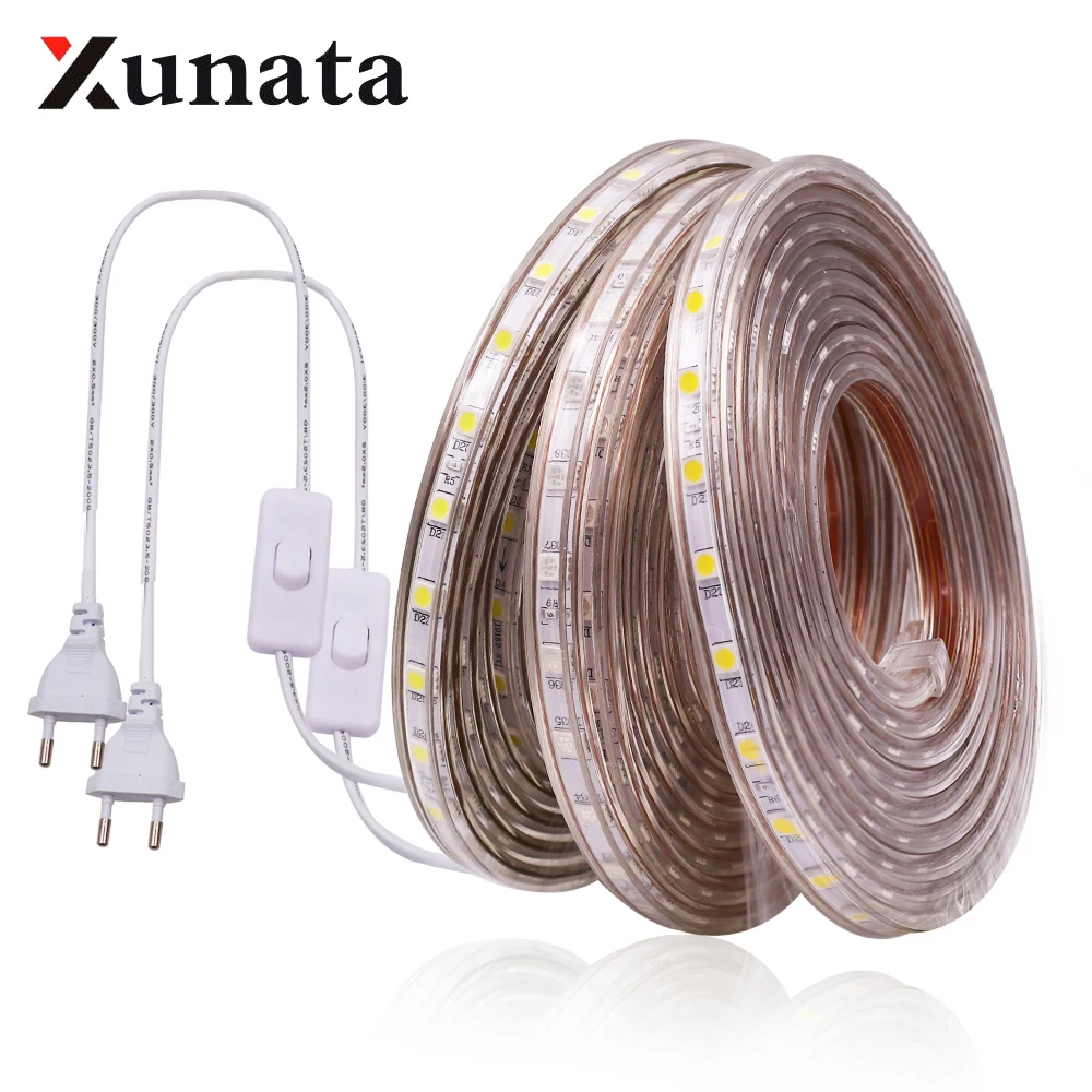 

220V 5050 RGB LED Strip Waterproof 60LEDs/m white/red/green/blue Flexible Tape Ribbon LED Light Strip With Switch EU Plug