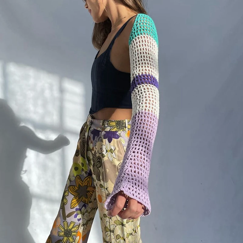 Кроп-топ женский трикотажный с длинным рукавом составного кроя | Женская одежда