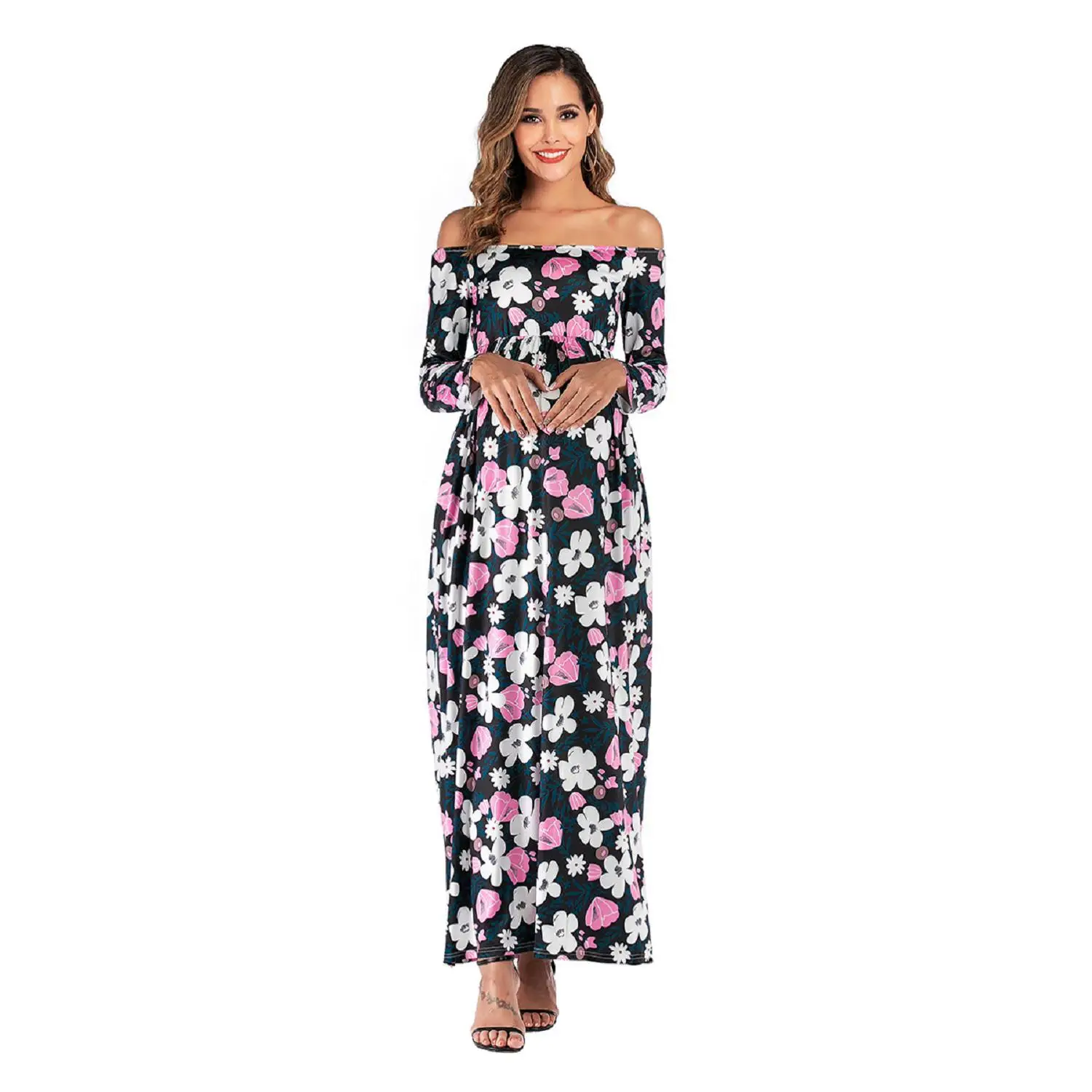

2020 New Style for Autumn and WinterWomen's Printed off-Shoulder Long-Sleeved Dress Pregnant Women Slim-Fit Swinging dress