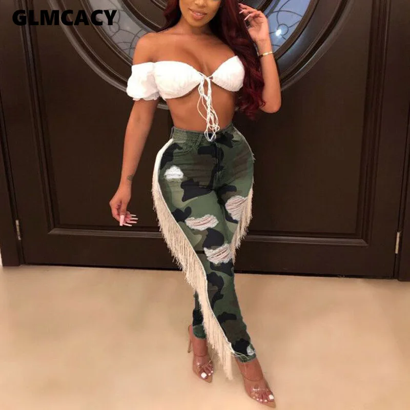 Women Casual Hole Tassel High Waist Pencil Pants Streetwear Print Skinny Destroyed Ripped Ankle-length Trousers | Женская одежда