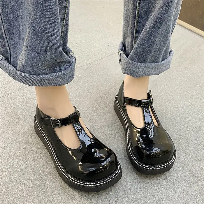 

Lolita Shoes Star Buckle Mary Janes Shoes Women Cross-tied Platform Shoes Patent Leather Girls Shoes Rivet Casual Shoes 8570N