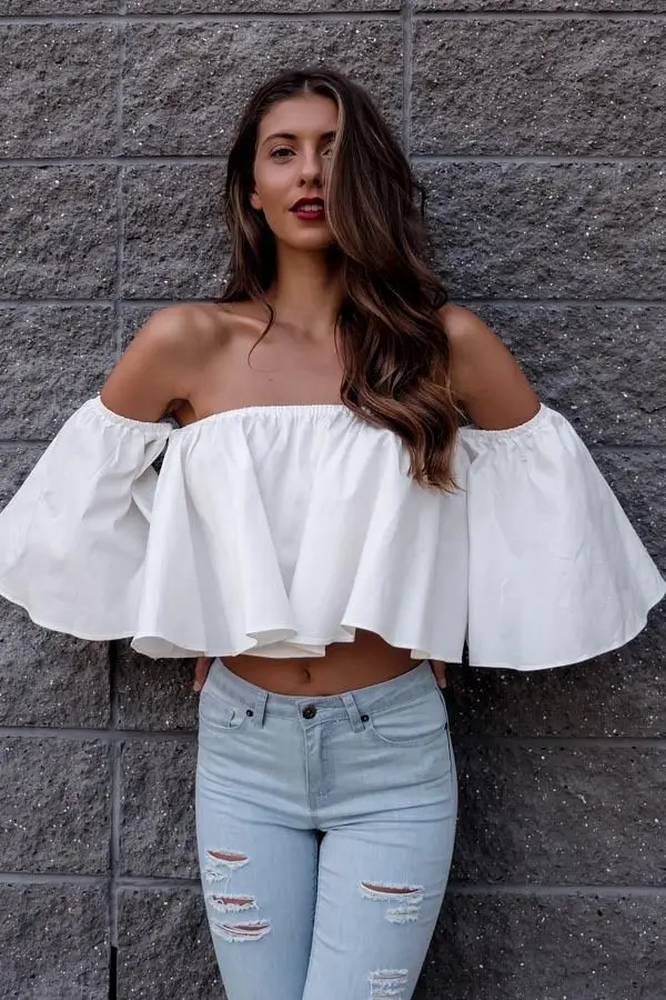 

2018 Summer New Style Fashion Stock Women Flare sleeve Tank tops Off shoulder tee shirt Crop Top Cropped