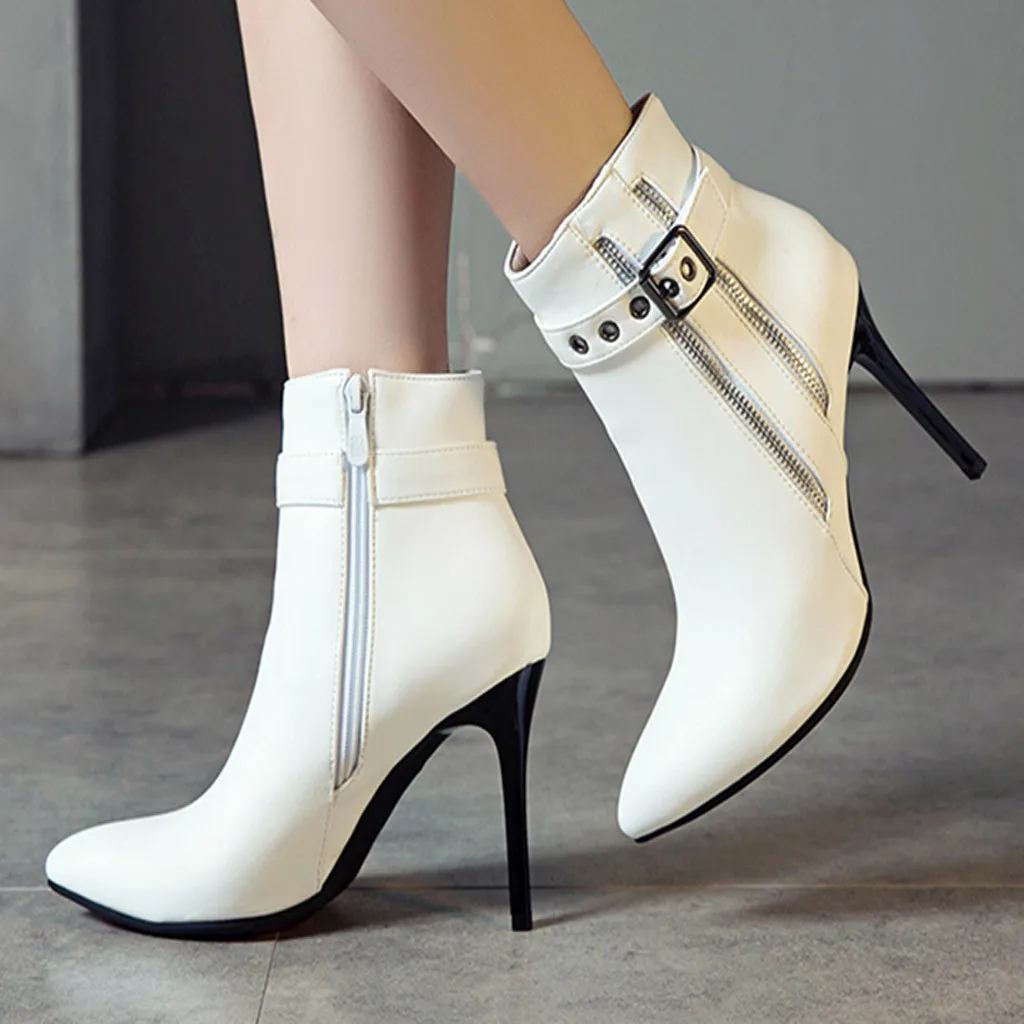 Белый Туфли на высоком каблуке с пряжкой ремешке Сапоги молнии Женские модные