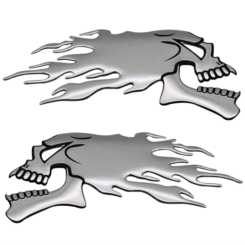 

1Pair 14.5x5.5cm 3D Chrome Ghost Skull Head Auto Motorcycle Car Sticker Emblem Decals For Haley Honda Yamaha Kawasaki Suzuki