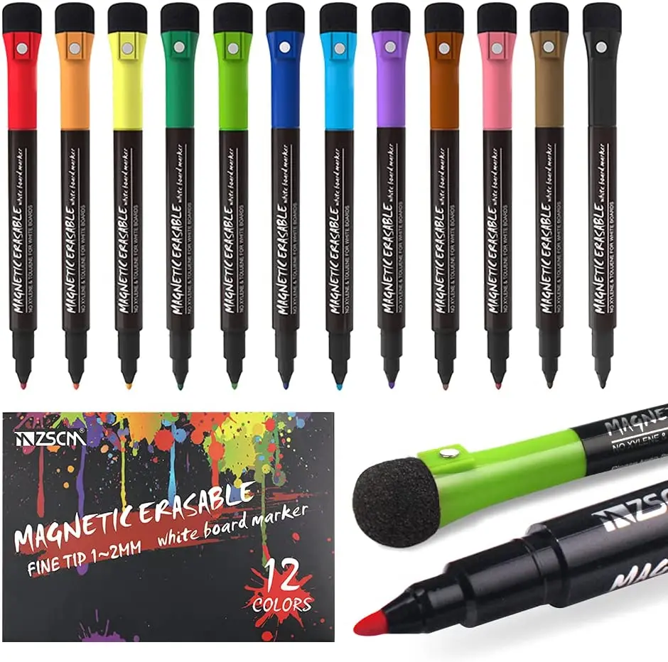 

12 Colors Magnetic Fine Tip Dry Erase Markers with Erasers Low Odor Point Erasable Whiteboard Marker Pen Classroom Work Office