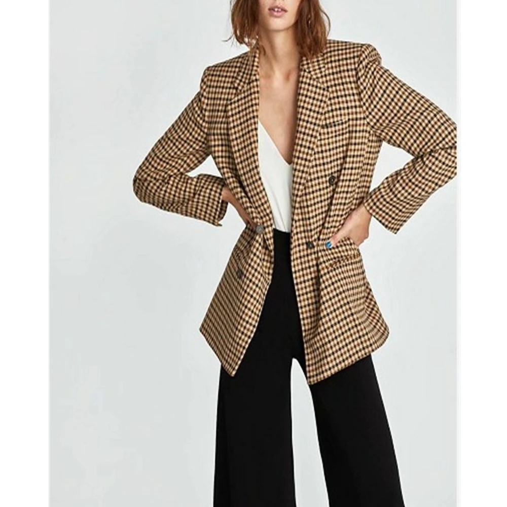 

Lugentolo Womens Blazers Check Print Double Breasted Button Loose Long Sleeve Notched Casual Fashion Women Blazer
