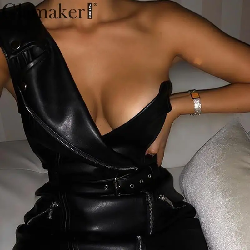 Glamaker из искусственной кожи, черное платье с открытыми плечами и ремнем, сексуальное Клубное облегающее платье на молнии, модные женские асимметричные платья с открытой спиной