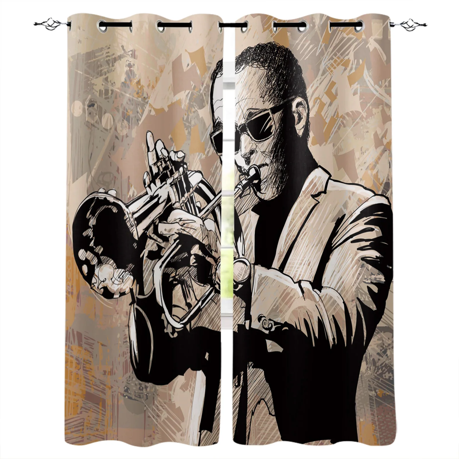 Занавески для джазовой музыки иллюстрация группы играющей Блюз в Нью-Йорк лунном