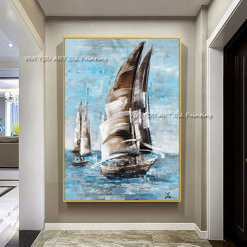 

100% Handmade Modern Abstract Oil Paintings On Canvas Sailboat Seascape Painting Wall Art Decor for living room Unframed