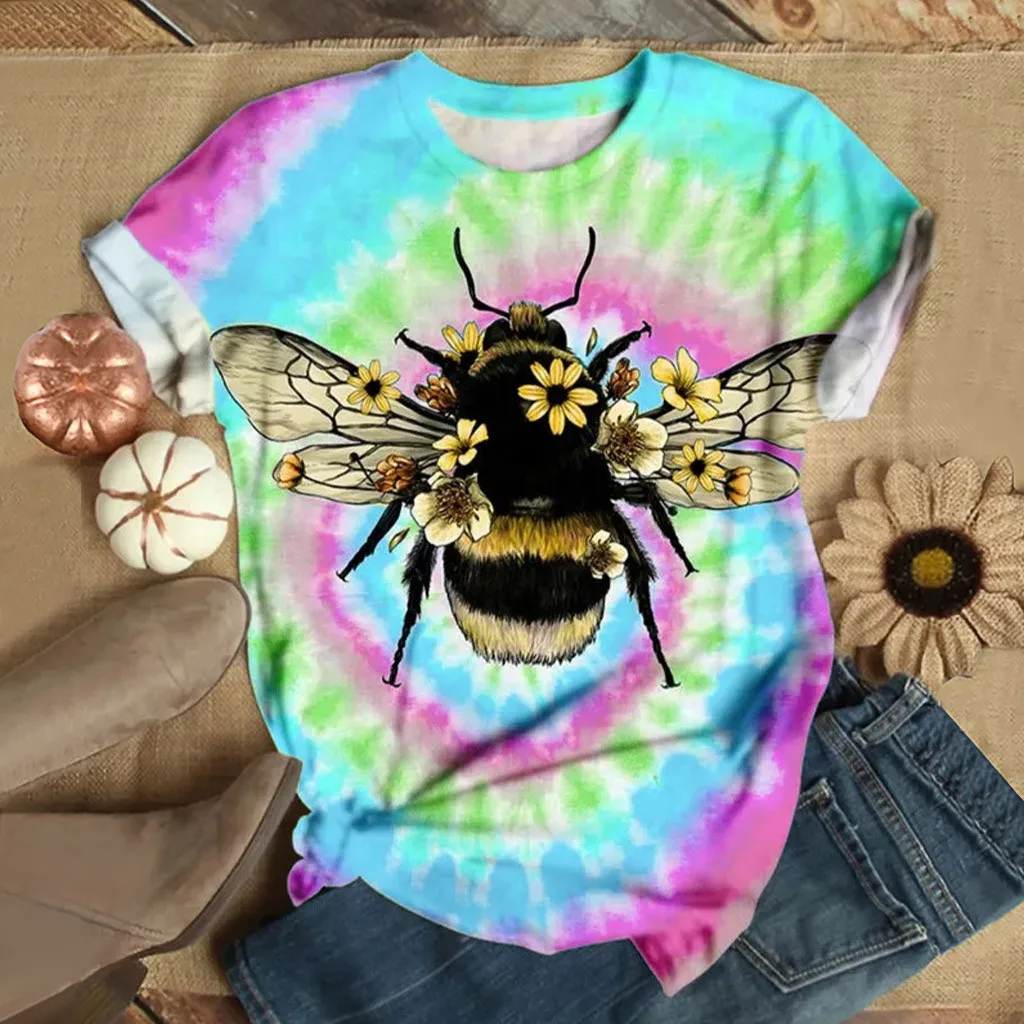 Футболка с принтом CHAMSGEND Tie-dye Bee женские летние топы короткими рукавами футболки