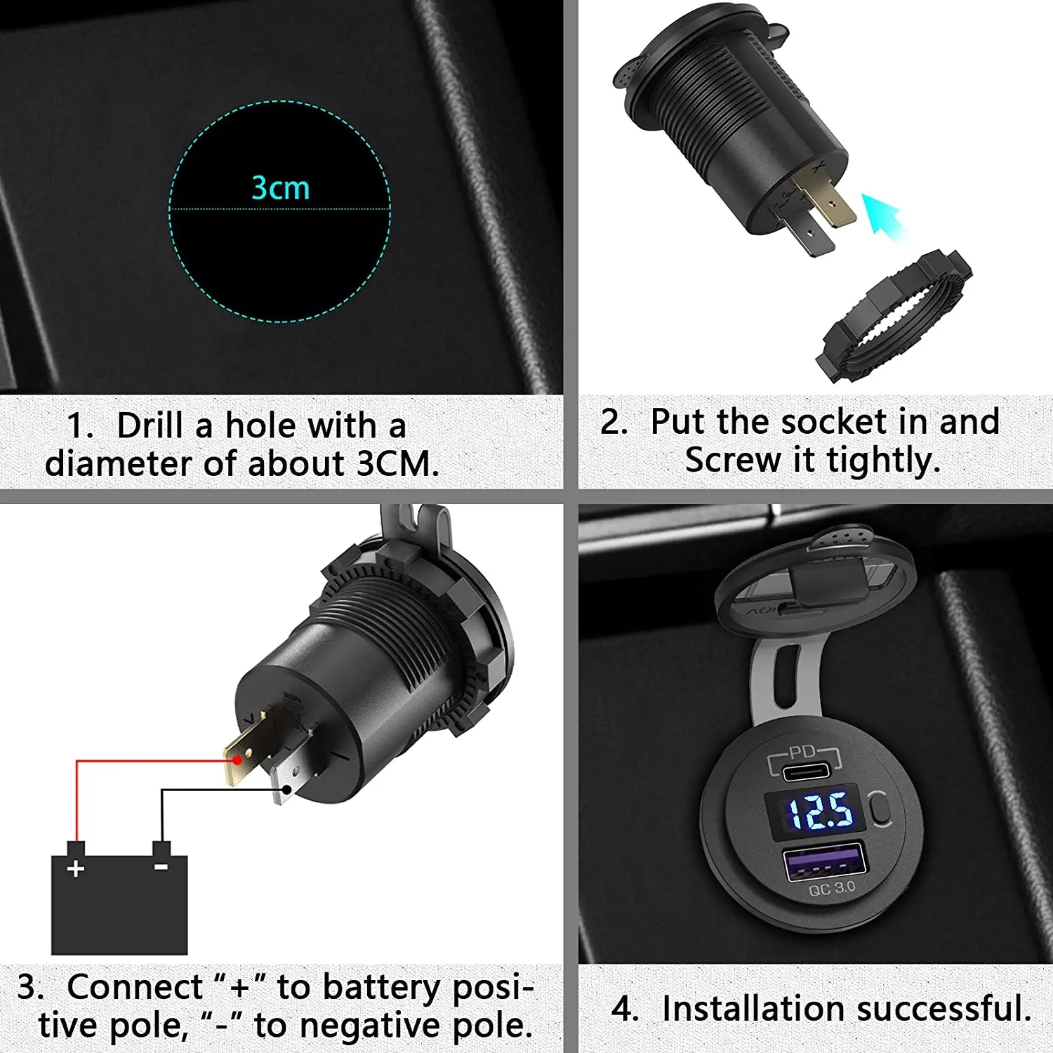 12v usb outlet waterproof charger socket usb charging port for car marine golf 3 1a 4 2a qc3 0 with blue led voltmeter free global shipping