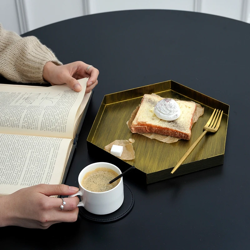 Golden hexagonal plate geometric jewelry display retro storage tray Photo Props | Дом и сад