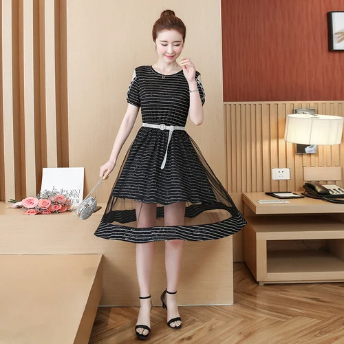 Женское винтажное платье с открытыми плечами Сетчатое составного кроя в полоску