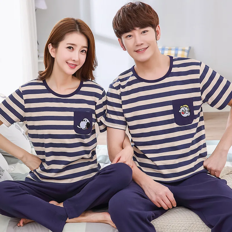 Couple Pajamas Sets Summer Cotton Short Sleeve Trousers Cartoon Women's Nightgown & Sleepstirts Thin Men's Large Size Home Wear