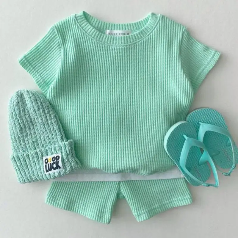 

2PCS Fashion Baby Boy Girl Clothes Set Summer Toddler Cotton Stripe Short Sleeve Tops + Kid Solid Candy Colors Shorts