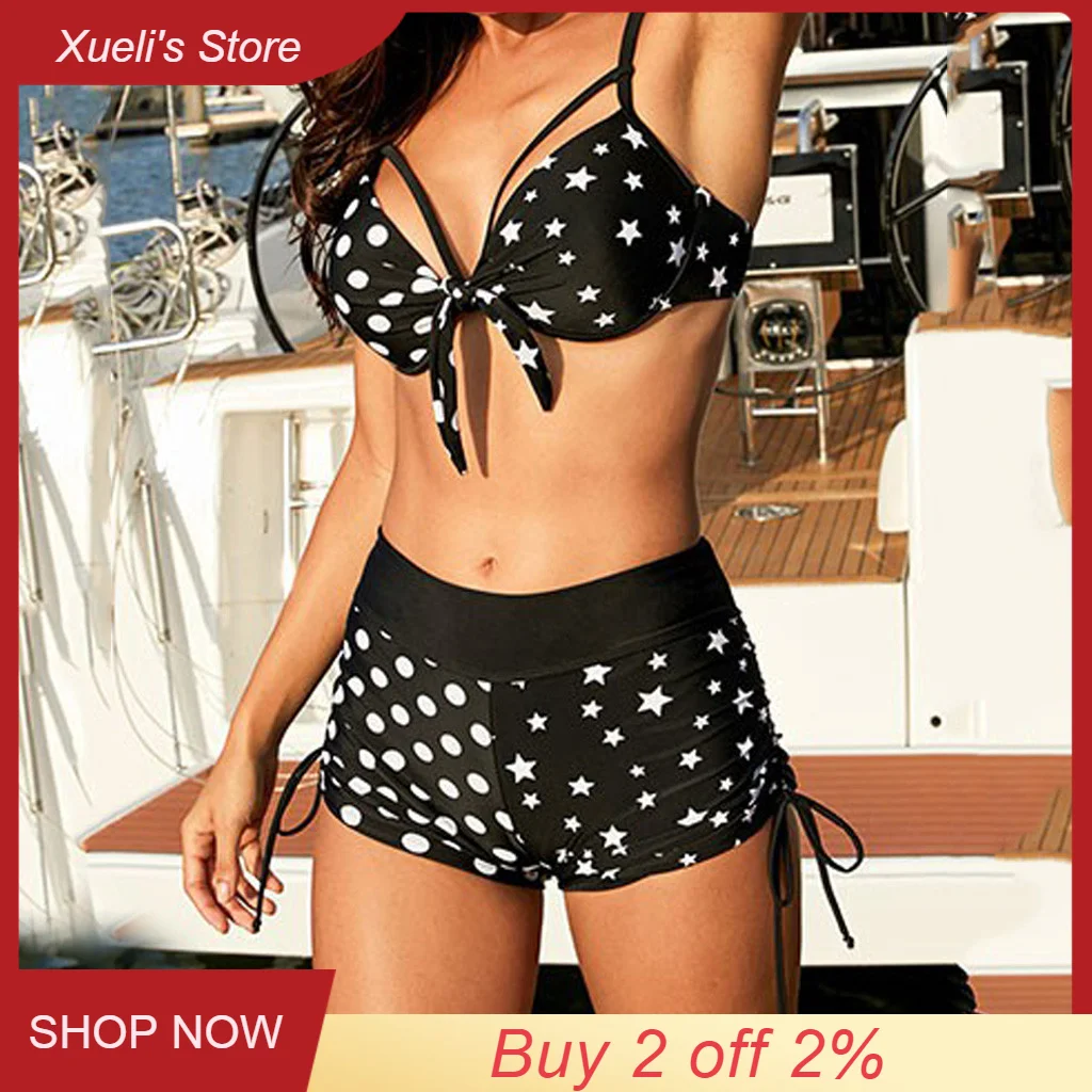 Женский купальный костюм из двух предметов со штанами и принтом в горошек