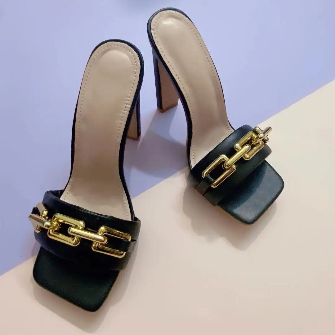 

2022 New Summer Elegant Womens Slippers Fashion Metal Chain Decoration Mules High Heels Sandals Square Toe Pumps Female Shoes 42